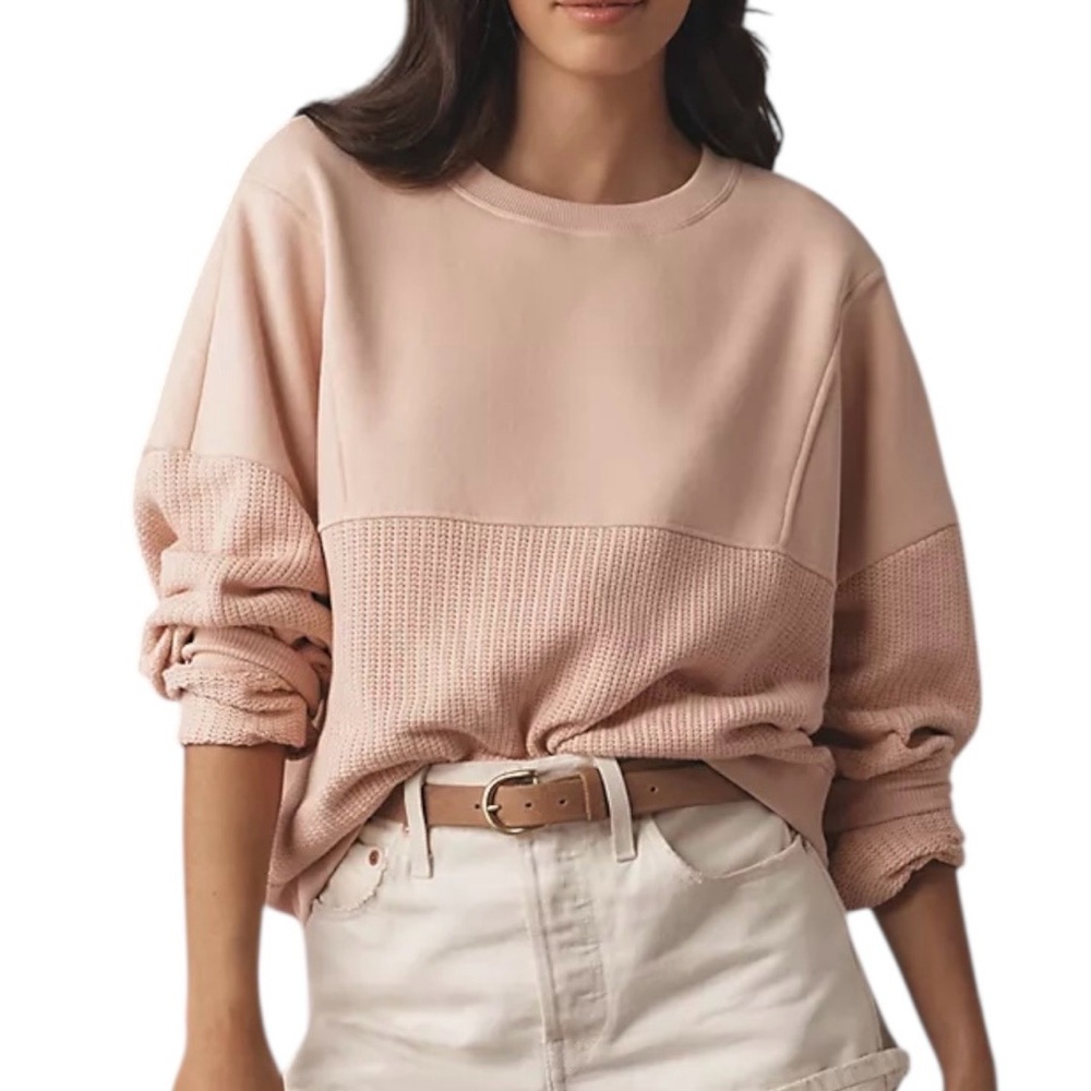 Anthropologie Pilcro Mixed Rib Knit Sweatshirt Pastel Pink Pullover Crew Large